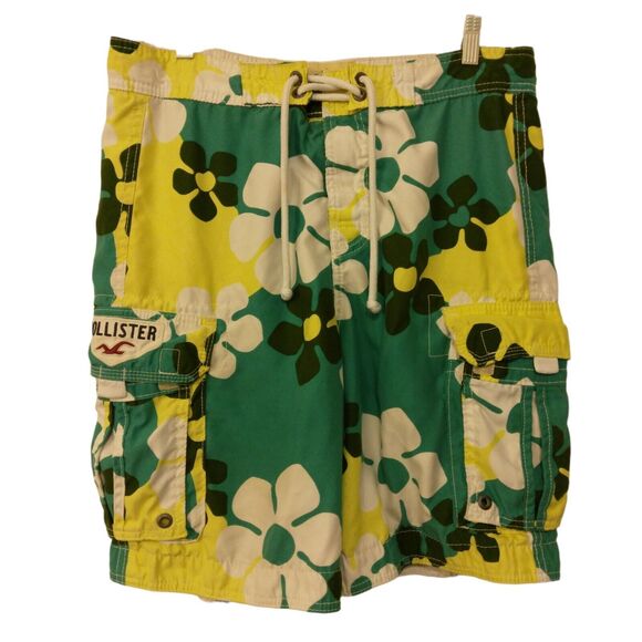 Hollister swim shorts mens M Medium Hawaiian cargo floral green yellow hybrid - Picture 1 of 10